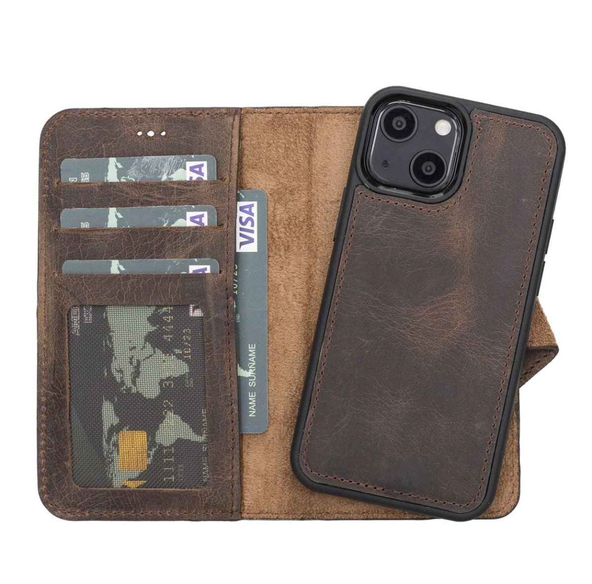 Bayelon Personalized iPhone 13 Mini Leather Detachable Wallet Case with Kickstand Dark Brown