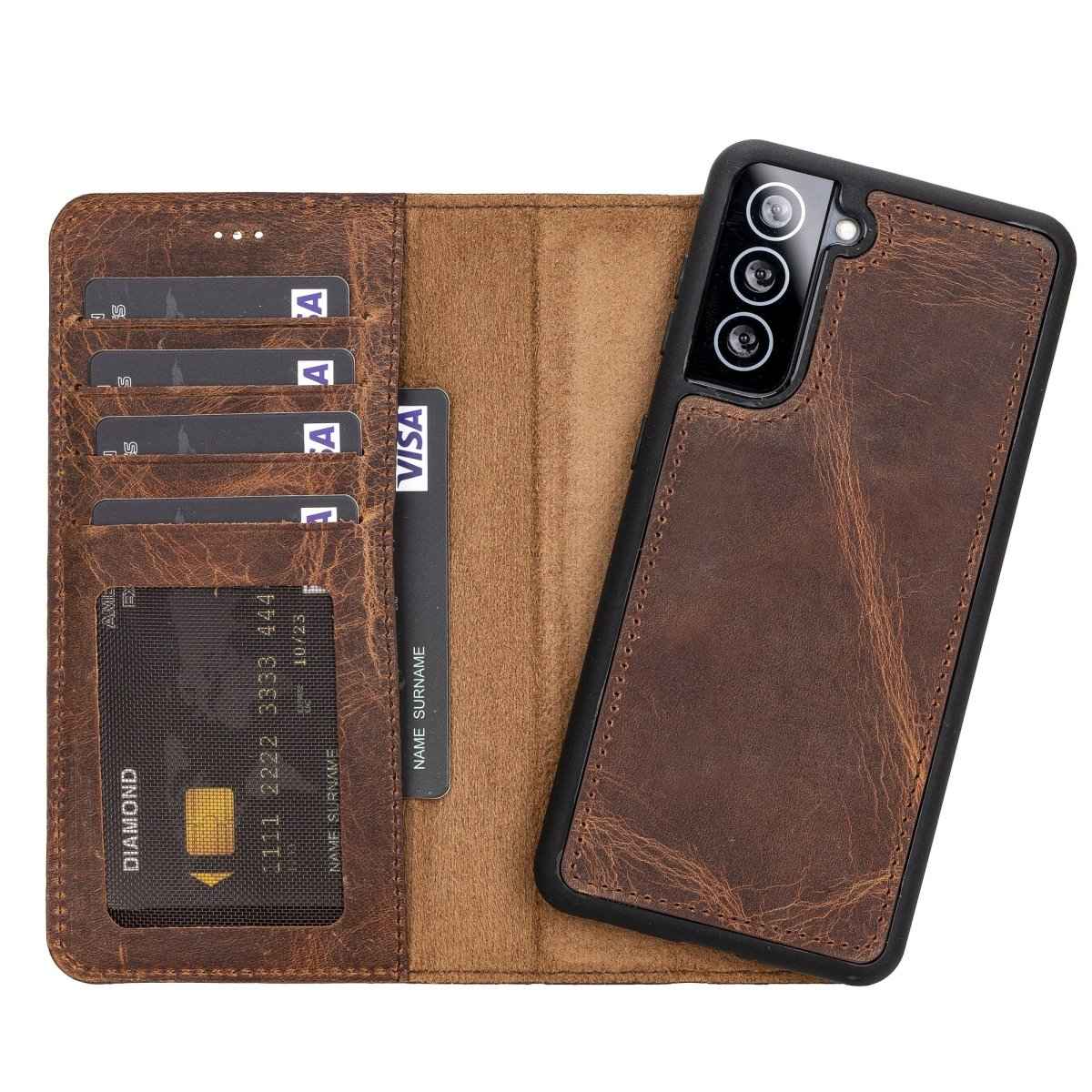 Bayelon Samsung Galaxy S21 Leather Detachable Wallet Case Antique Brown