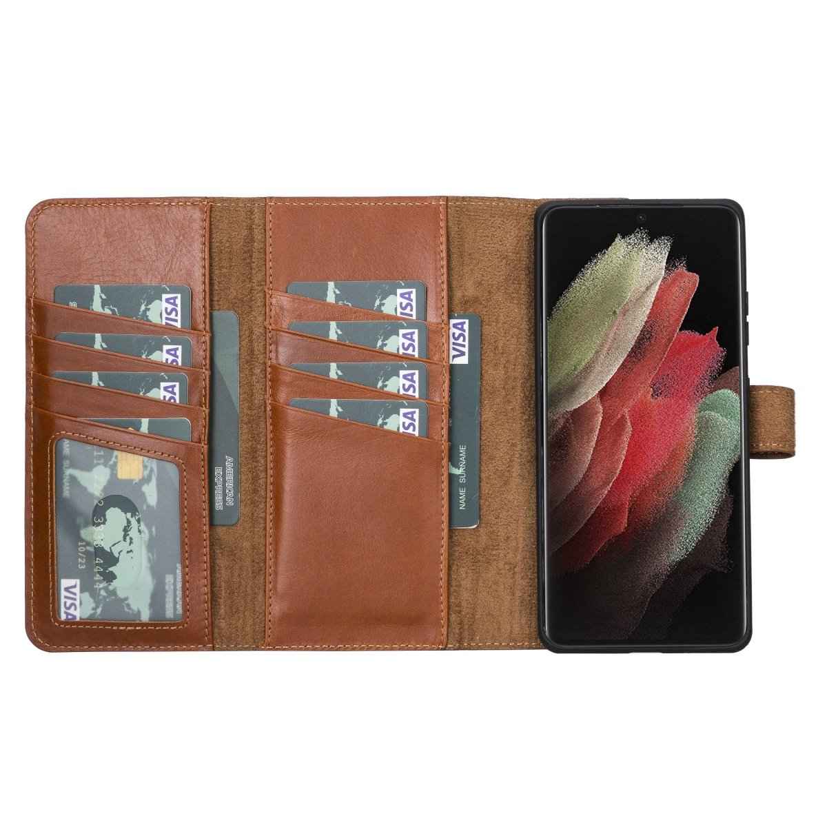 Bayelon Samsung Galaxy S21 Ultra Trifold Leather Wallet Case Rustic Tan