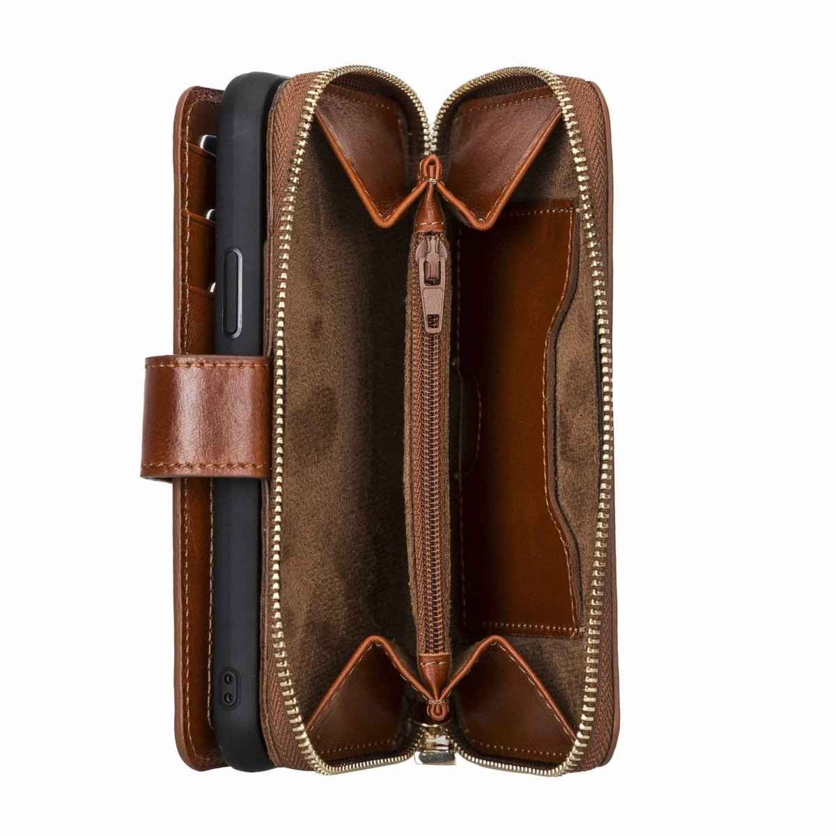 Bayelon iPhone 12-12 Pro Zipper Full Grain Leather Wallet Case Purse with Holster