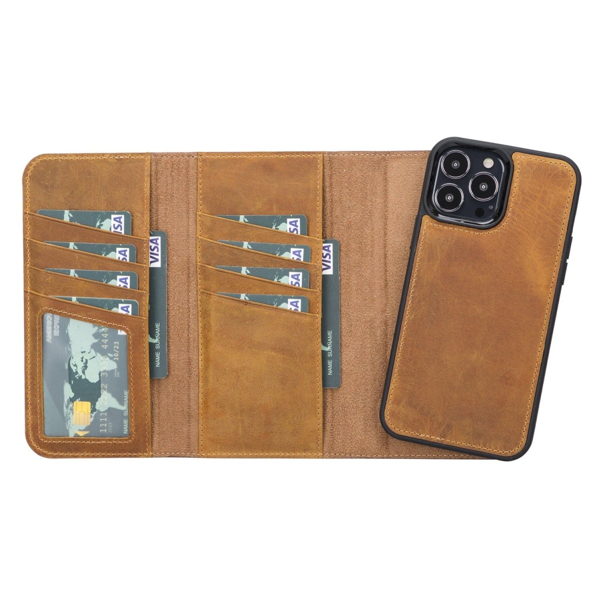 Bayelon iPhone 13 Pro Max Trifold Leather Wallet Case Antique Camel
