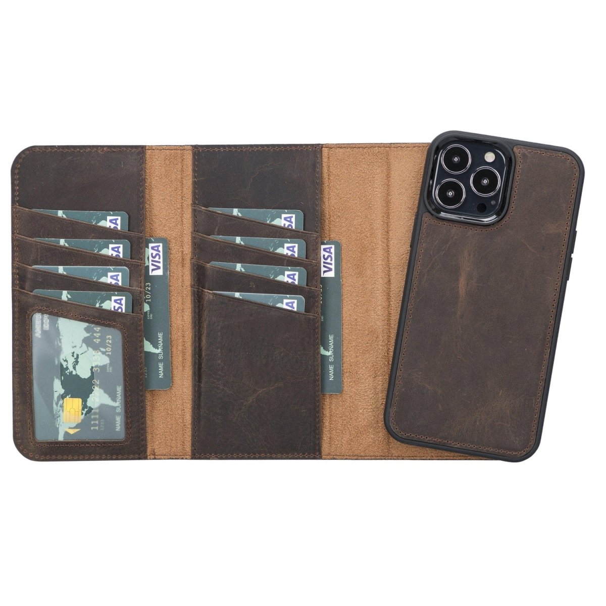 Bayelon iPhone 13 Pro Max Trifold Leather Wallet Case Dark Brown