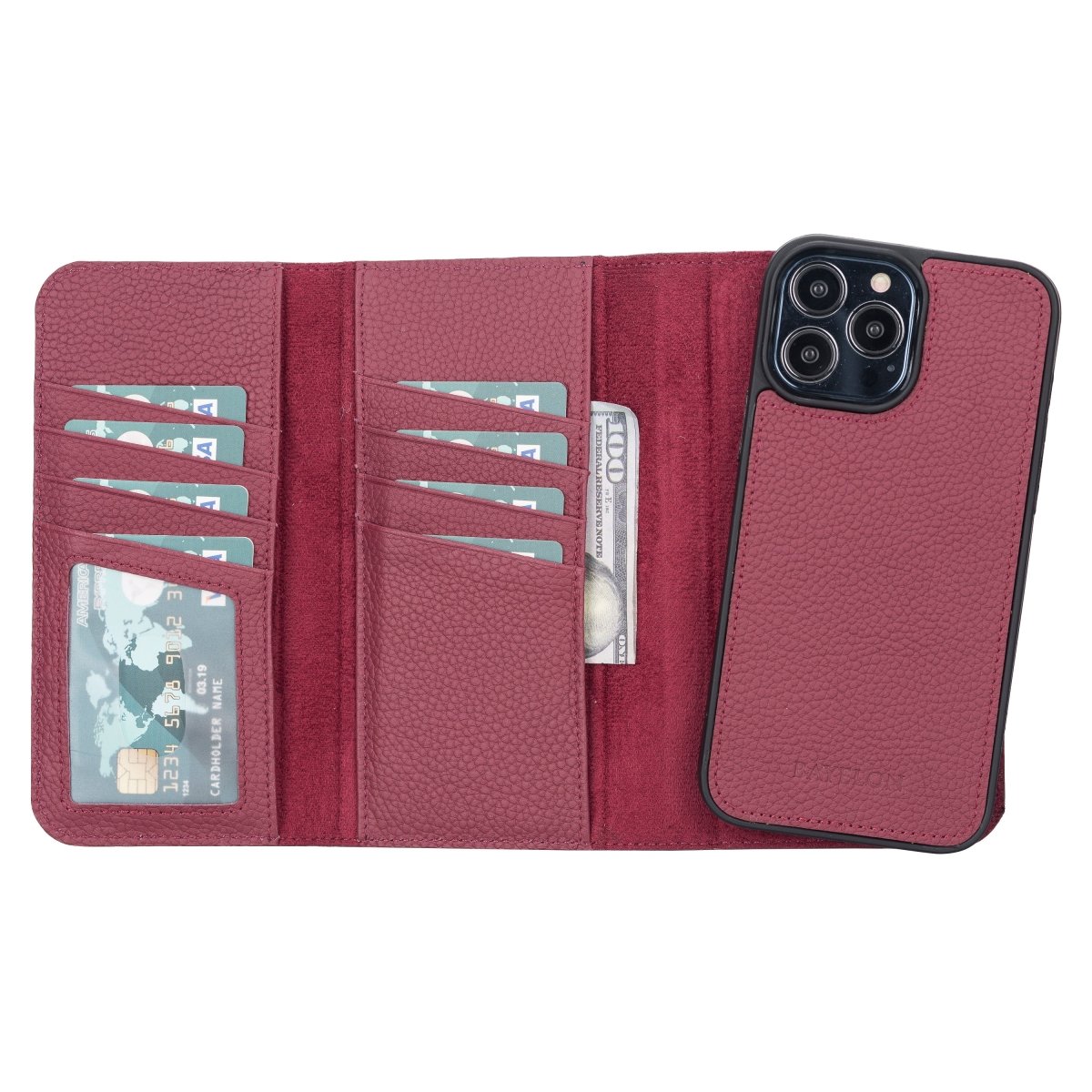 Bayelon iPhone 13 Pro Max Trifold Leather Wallet Case Burgundy