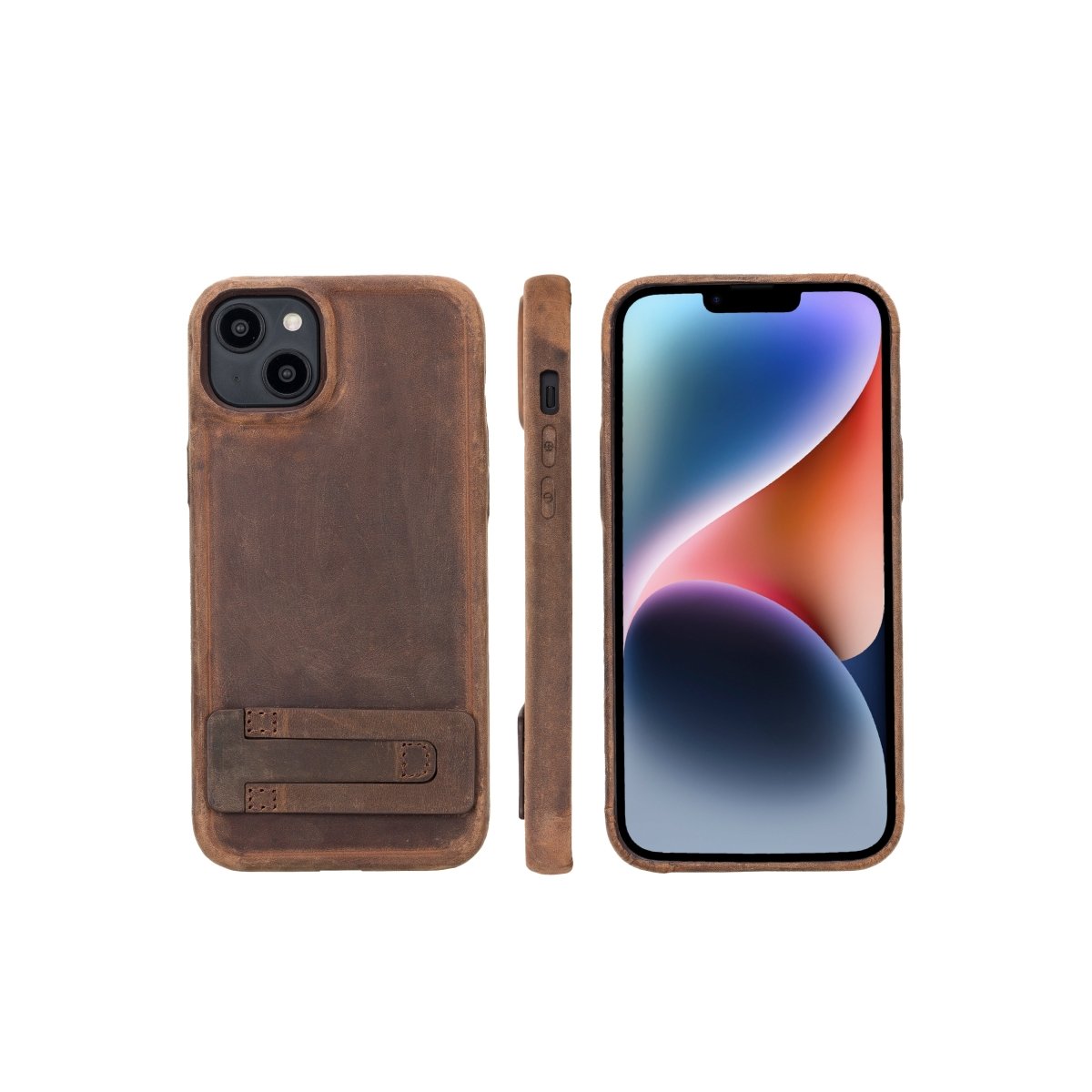 Bayelon iPhone 14 Plus Full Grain Leather Full Cover Case Dark Brown