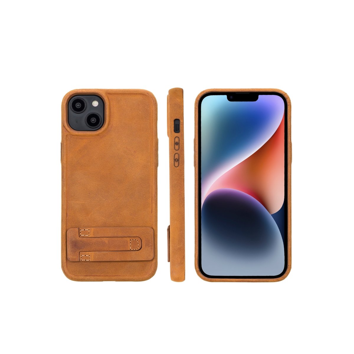 Bayelon iPhone 14 Plus Full Grain Leather Full Cover Case Antique Camel