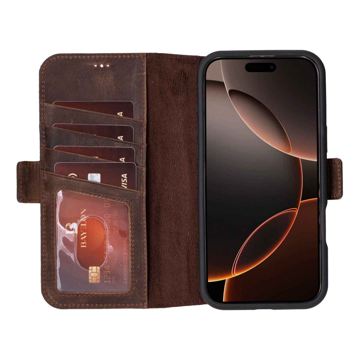 Bayelon iPhone 17 Pro Flip Cover Wallet Case Dark Brown