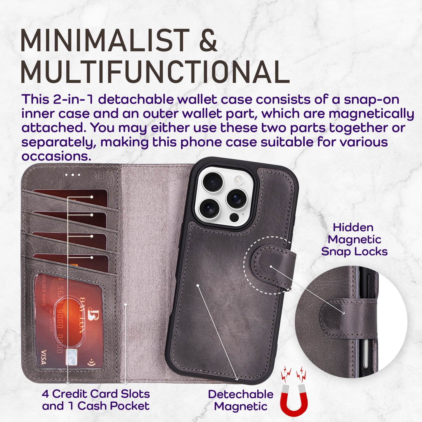 Bayelon iPhone 17 Pro Detachable Wallet Case