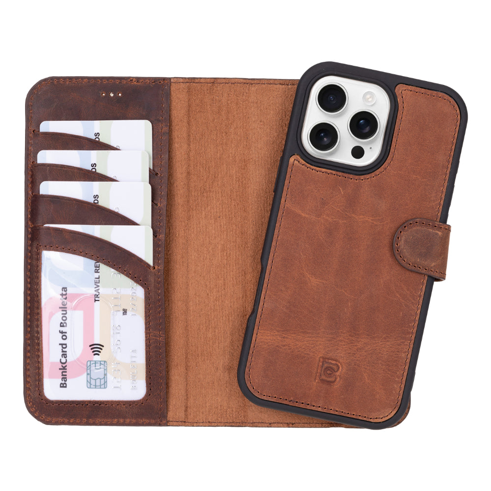 Bayelon Magic iPhone 16 Pro Leather Wallet Case - Stylish & Detachable Saddle Brown
