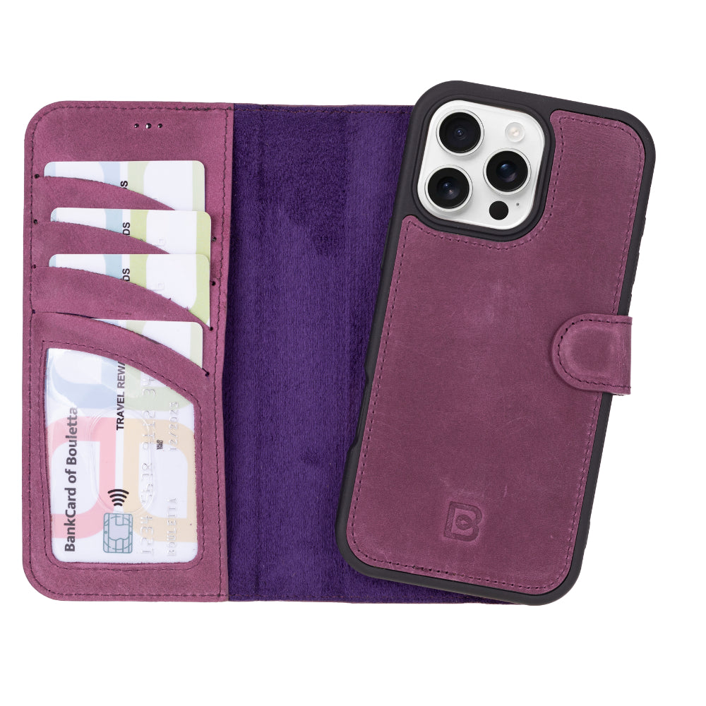 Bayelon Magic iPhone 16 Pro Leather Wallet Case - Stylish & Detachable Purple