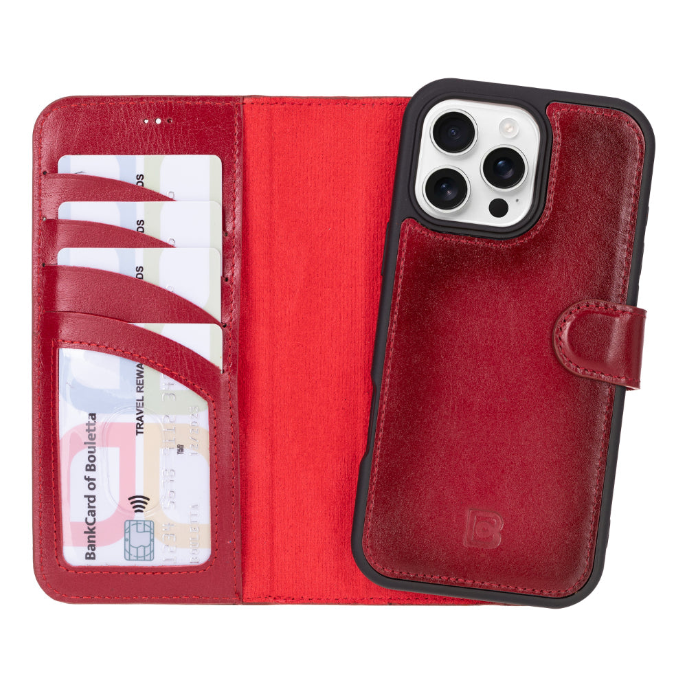 Bayelon Magic iPhone 16 Pro Leather Wallet Case - Stylish & Detachable Red