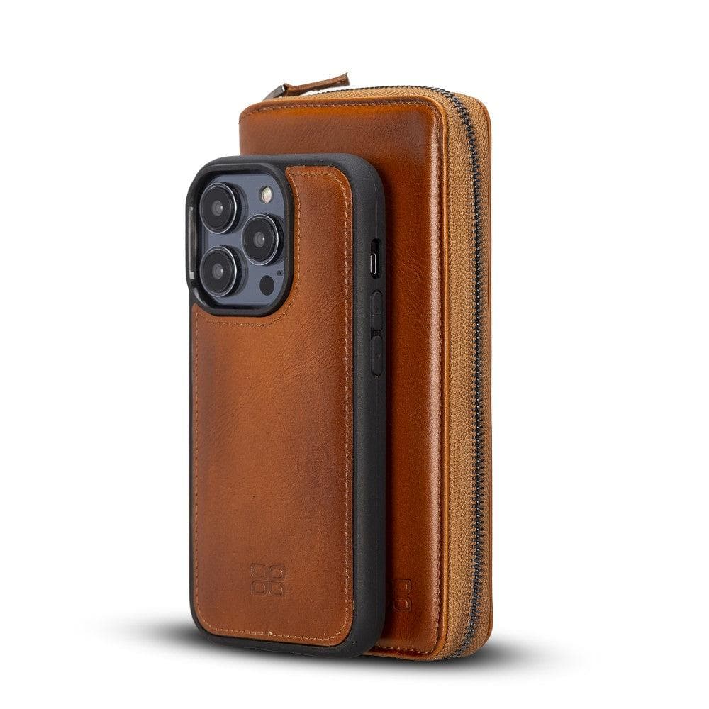 Bayelon Pouch Magic Wallet for iPhone 14 Series - Detachable Leather Case Tan