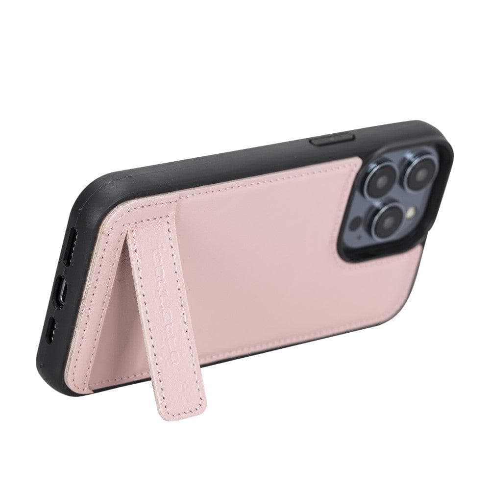 Bayelon Flex Base Leather iPhone 14 Pro Max Case with Stand Pink