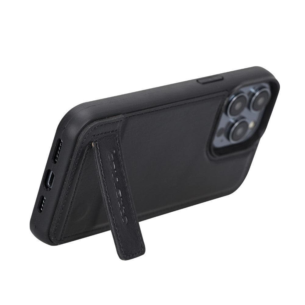 Bayelon Flex Base Leather iPhone 14 Pro Max Case with Stand Black