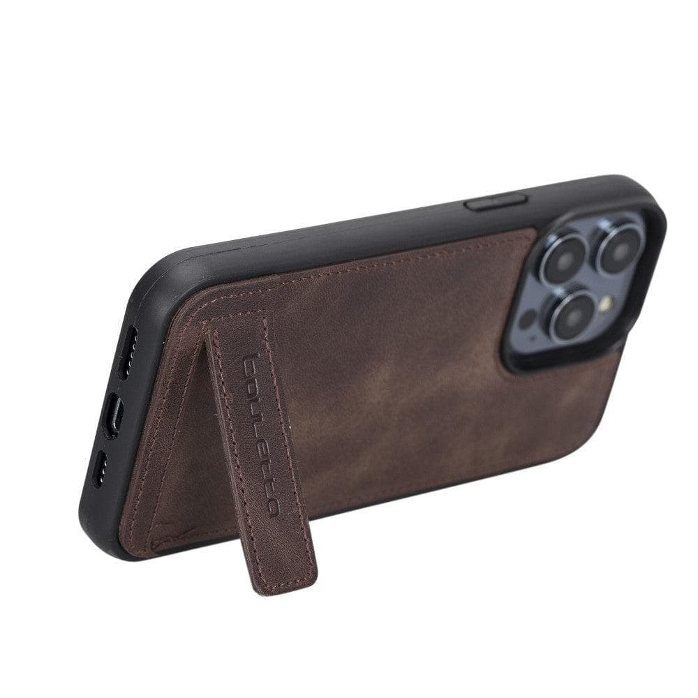 Bayelon Flex Base Leather iPhone 14 Pro Max Case with Stand Brown