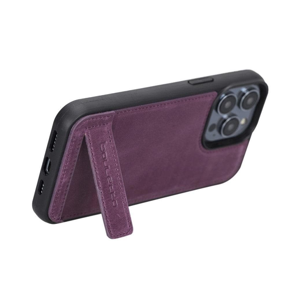 Bayelon Flex Base Leather iPhone 14 Pro Max Case with Stand Purple