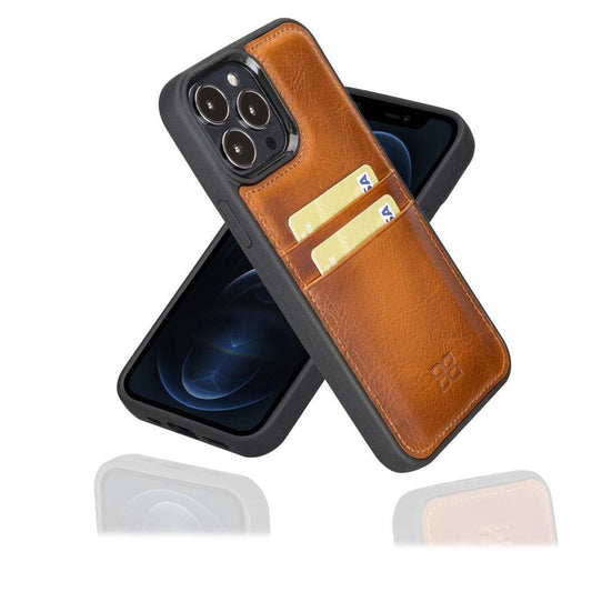 Bayelon Flex Cover Leather iPhone 13 Pro Max Case with Card Holder Tan