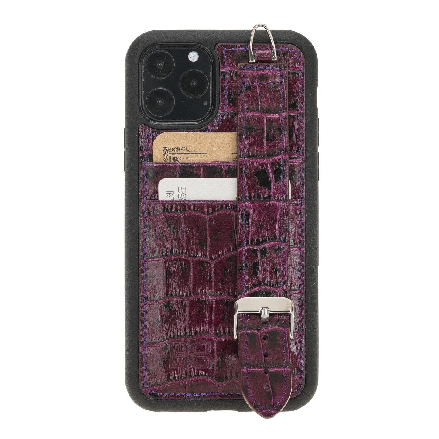 Bayelon Flex Cover Leather iPhone 11 Pro Max Case with Card Holder & Hand Strap Crocodile Purple