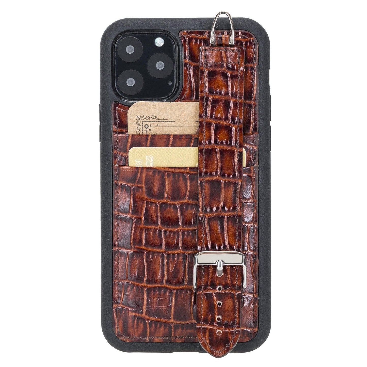 Bayelon Flex Cover Leather iPhone 11 Pro Max Case with Card Holder & Hand Strap Crocodile Brown
