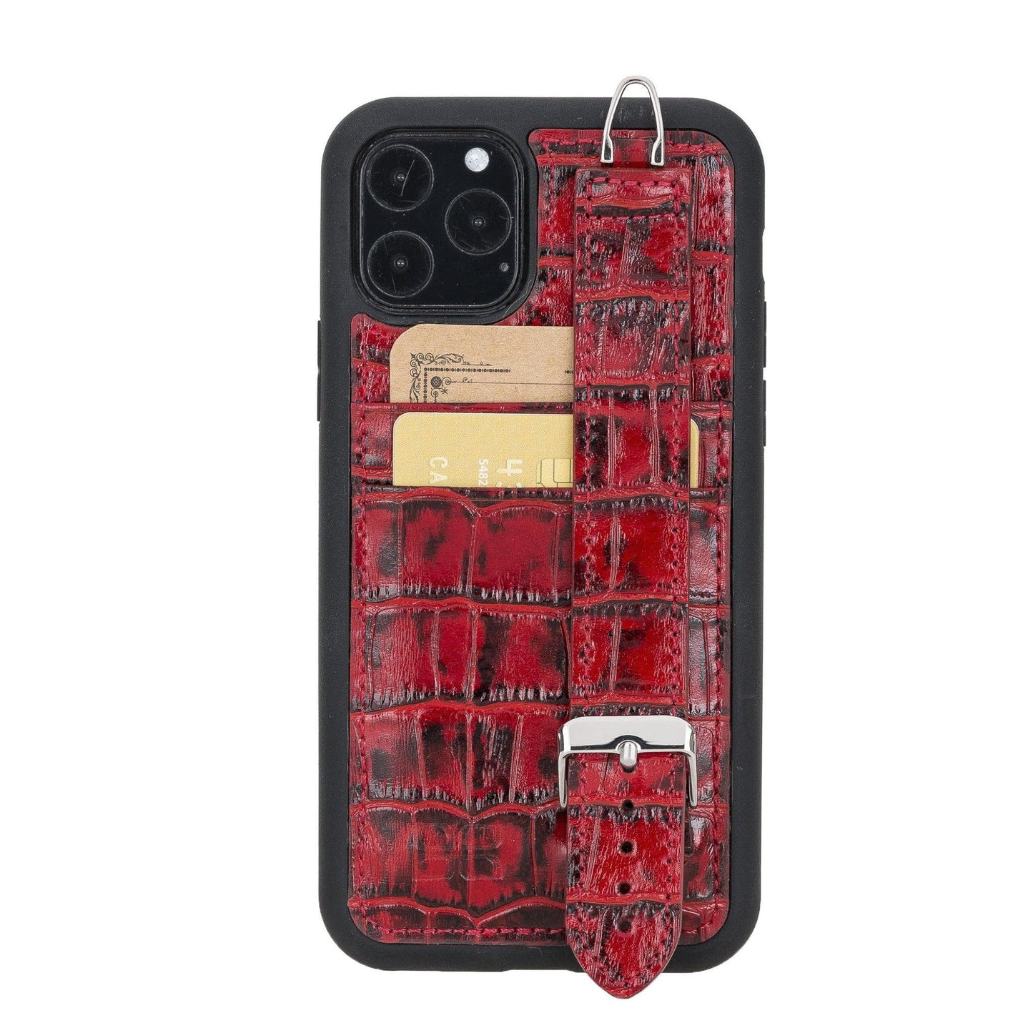 Bayelon Flex Cover Leather iPhone 11 Pro Max Case with Card Holder & Hand Strap Crocodile Red