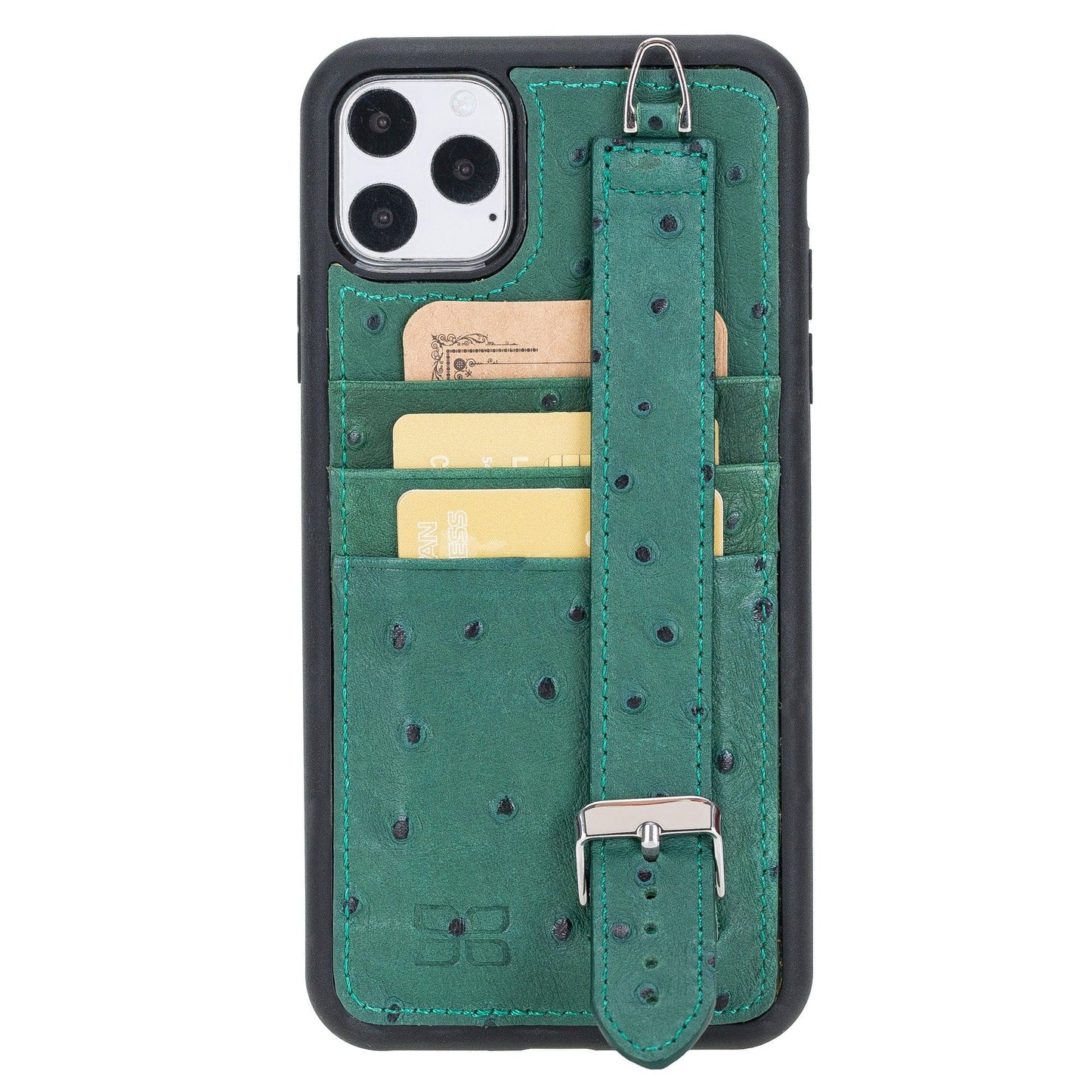 Bayelon Flex Cover Leather iPhone 11 Pro Max Case with Card Holder & Hand Strap Green