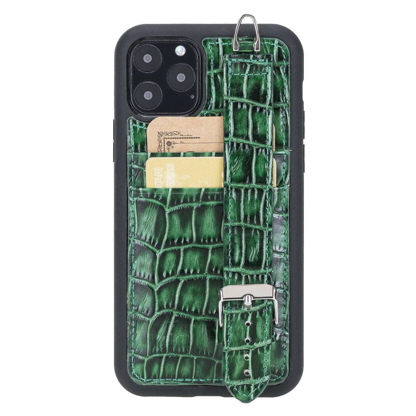 Bayelon Flex Cover Leather iPhone 11 Pro Max Case with Card Holder & Hand Strap Crocodile Green
