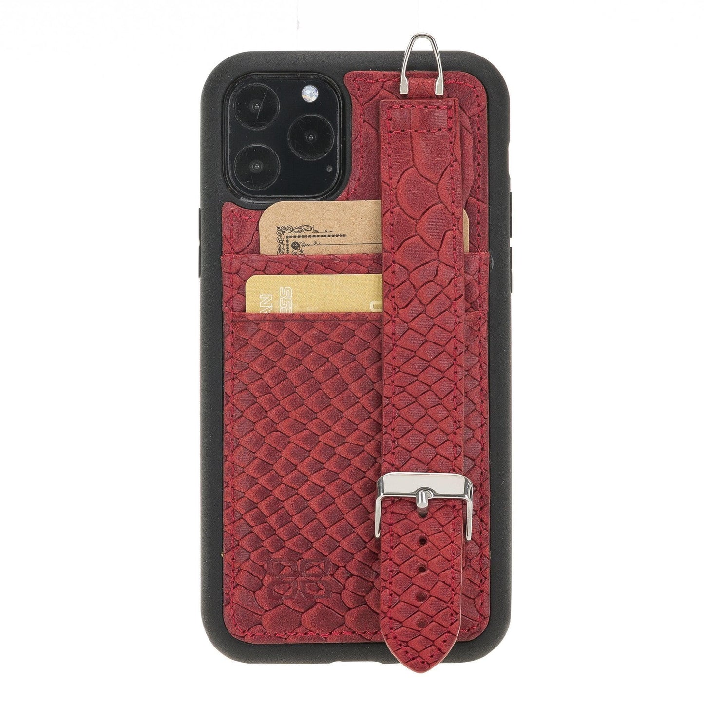Bayelon Flex Cover Leather iPhone 11 Pro Max Case with Card Holder & Hand Strap Scarlet Red