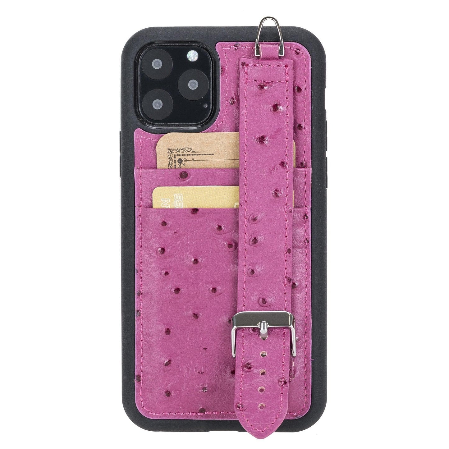 Bayelon Flex Cover Leather iPhone 11 Pro Max Case with Card Holder & Hand Strap Pink