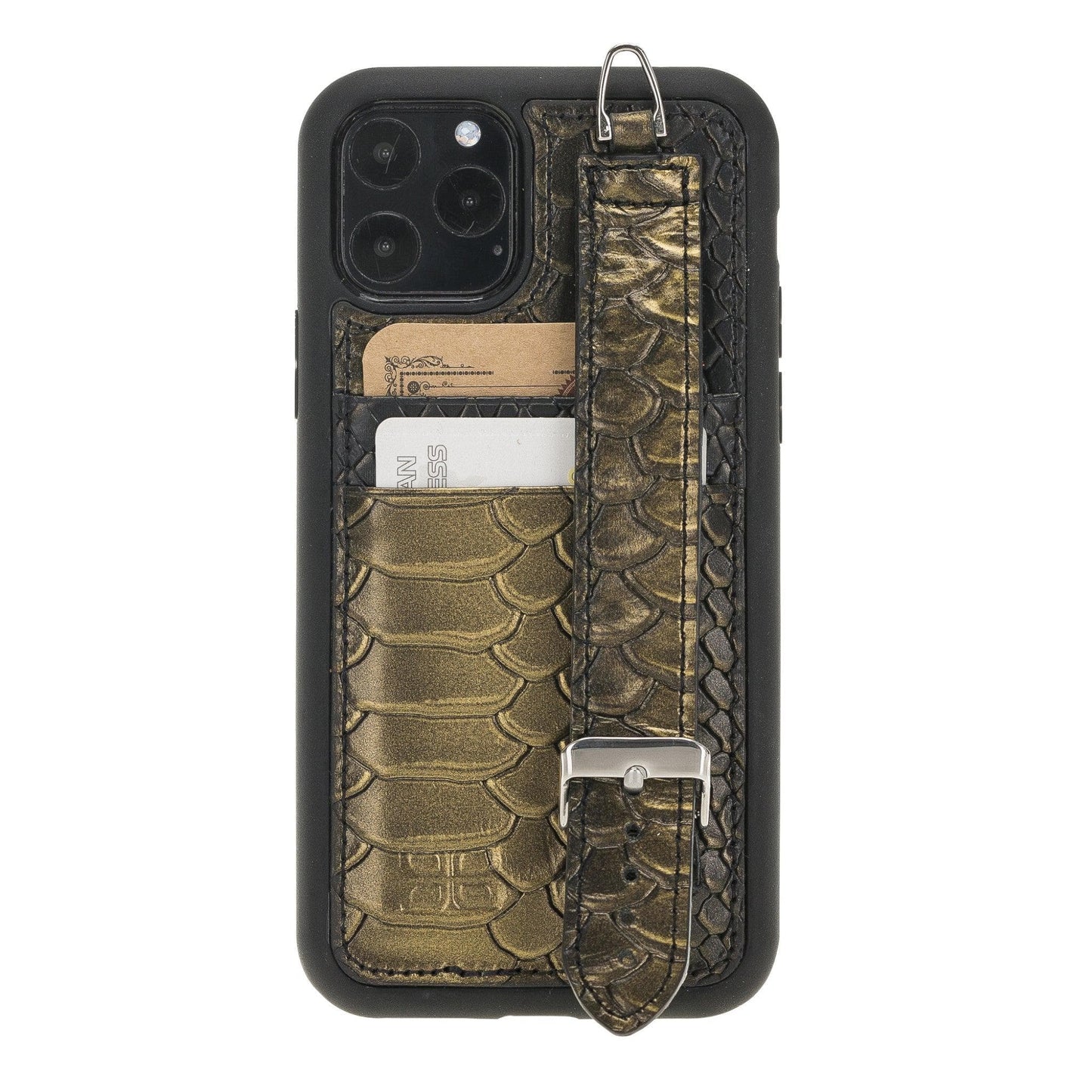 Bayelon Flex Cover Leather iPhone 11 Pro Max Case with Card Holder & Hand Strap Scarlet Green