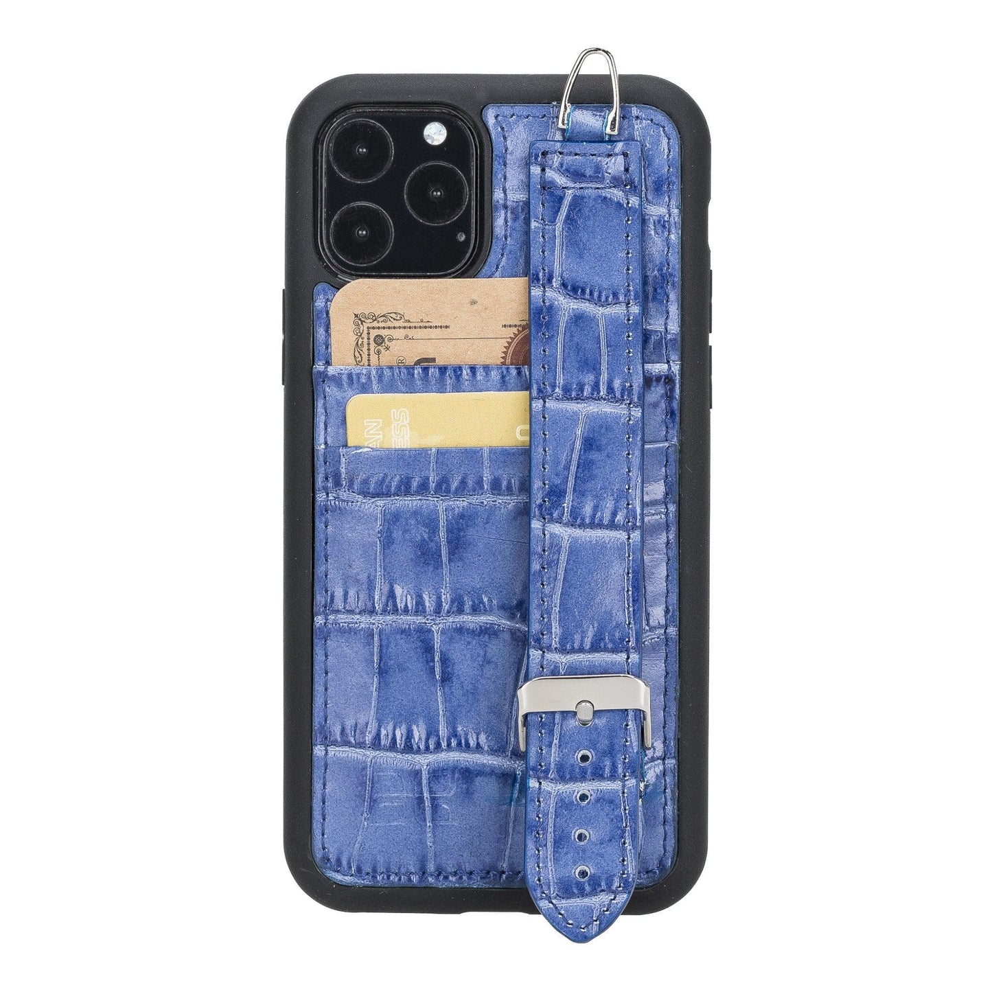 Bayelon Flex Cover Leather iPhone 11 Pro Max Case with Card Holder & Hand Strap Crocodile Blue
