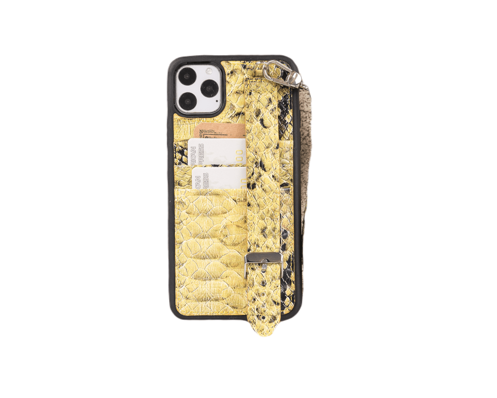 Bayelon Flex Cover Leather iPhone 11 Pro Max Case with Card Holder & Hand Strap Yellow