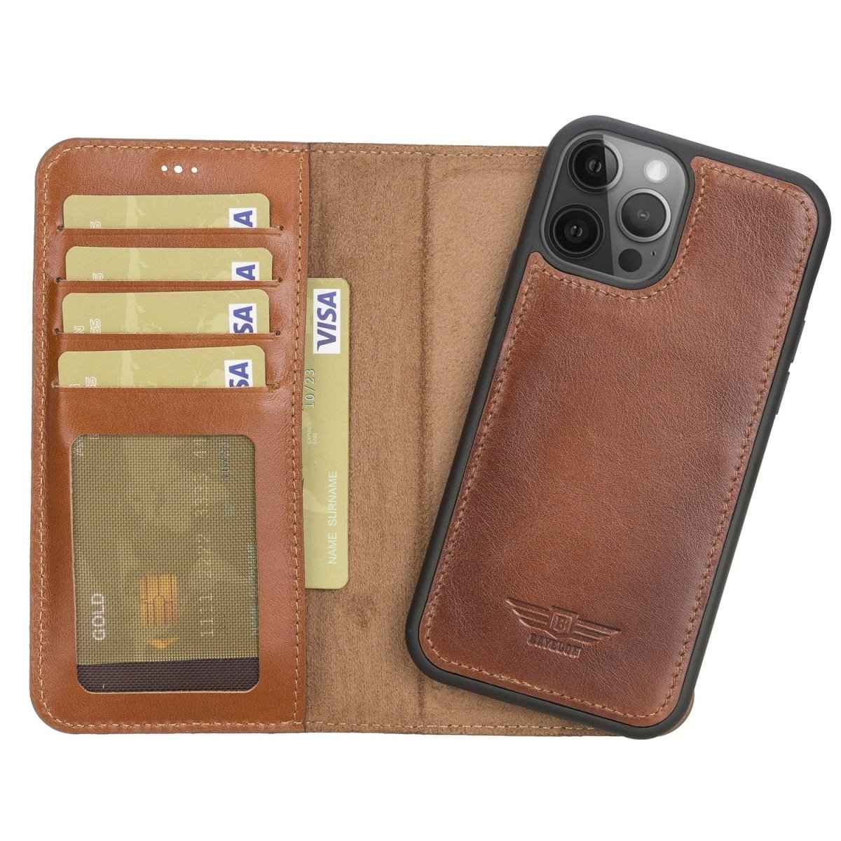 Bayelon iPhone 12 / 12 Pro 6.1" Leather Detachable Magnetic Wallet Case Rustic Tan