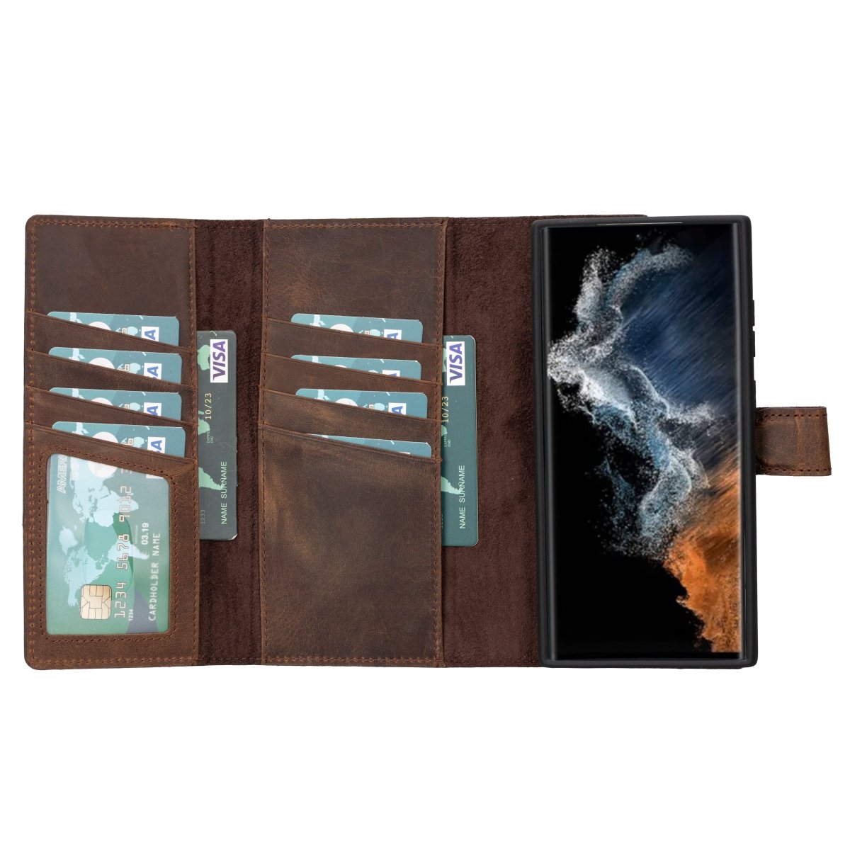 Bayelon Trifold Leather Wallet Case #color_ Samsung Galaxy S23 Ultra Dark Brown