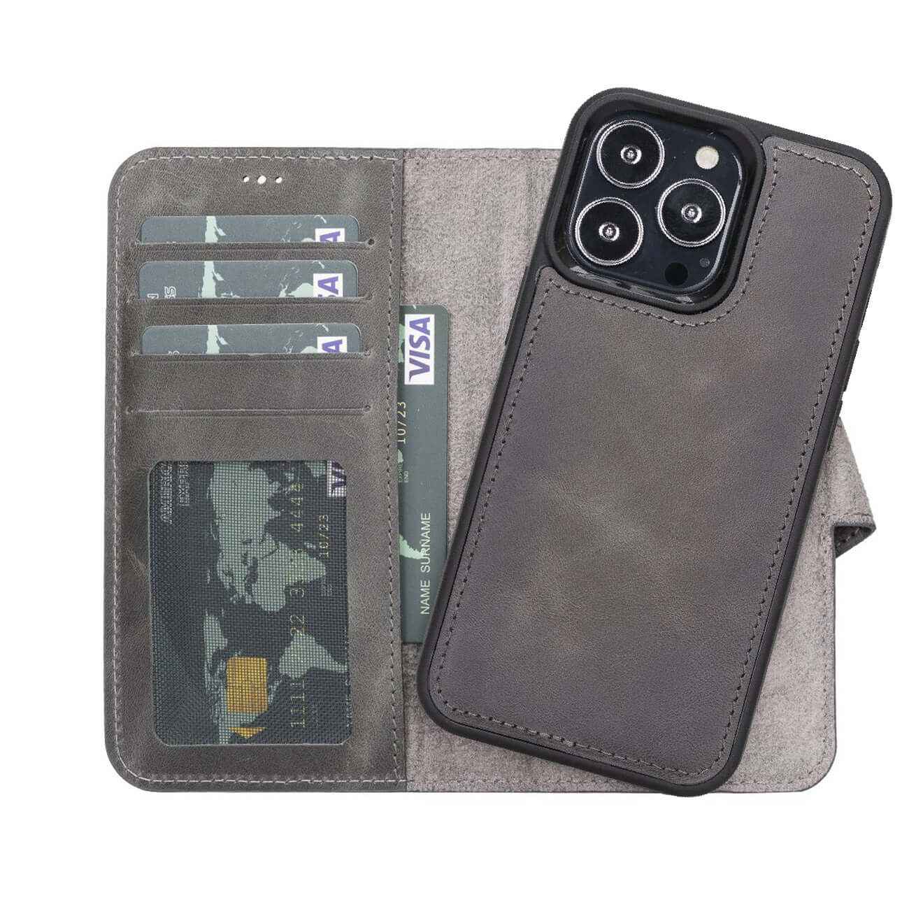 Bayelon iPhone 13 Pro Max Leather Detachable Wallet Case Smoked Black