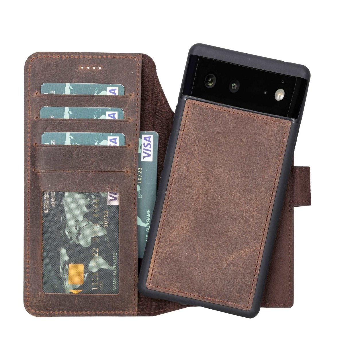 Bayelon Google Pixel 6 Detachable Leather Wallet Case Dark Brown