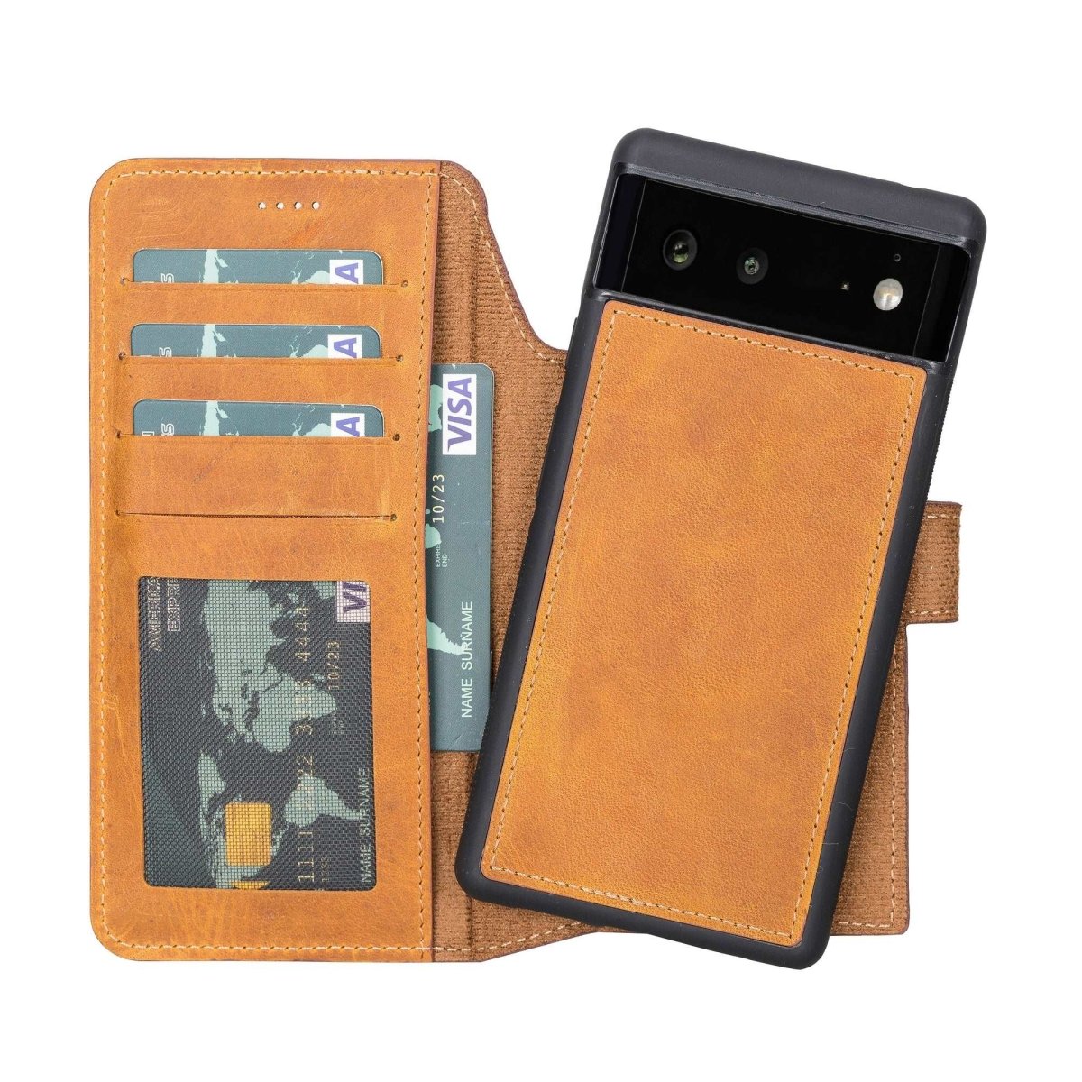 Bayelon Google Pixel 6 Detachable Leather Wallet Case Antique Camel