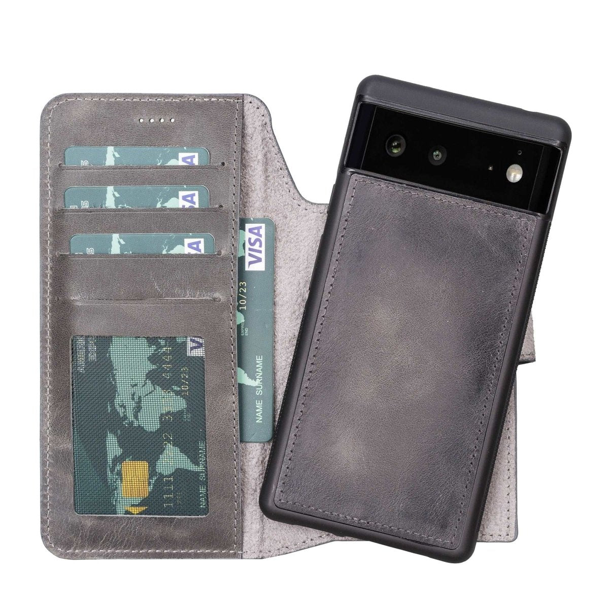 Bayelon Google Pixel 6 Detachable Leather Wallet Case Smoked Black