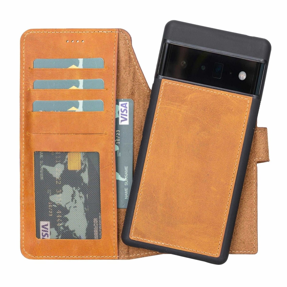 Bayelon Google Pixel 6 Pro Detachable Leather Wallet Case Antique Camel