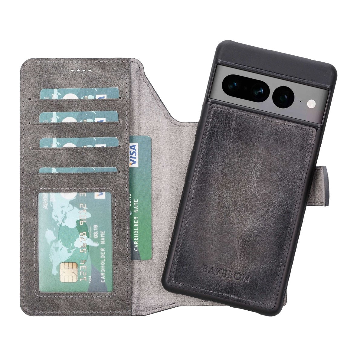 Bayelon Google Pixel 7 Pro Detachable Leather Wallet Case Smoked Black