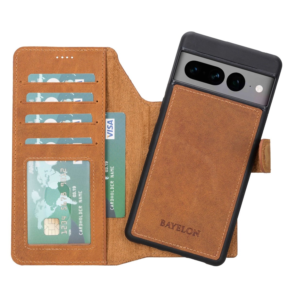 Bayelon Google Pixel 7 Pro Detachable Leather Wallet Case Antique Camel