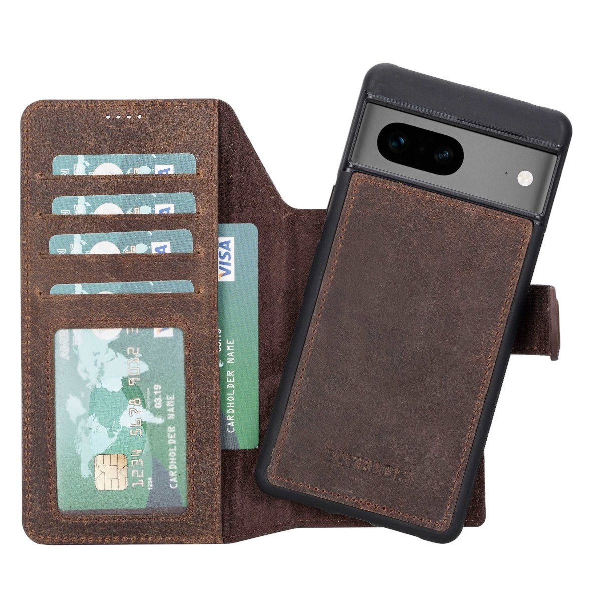 Bayelon Google Pixel 7 Pro Detachable Leather Wallet Case Dark Brown