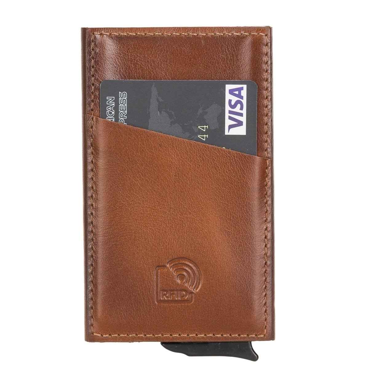 Bayelon Leather Mechanical Pop Up Card Holder With RFID Rustic Tan
