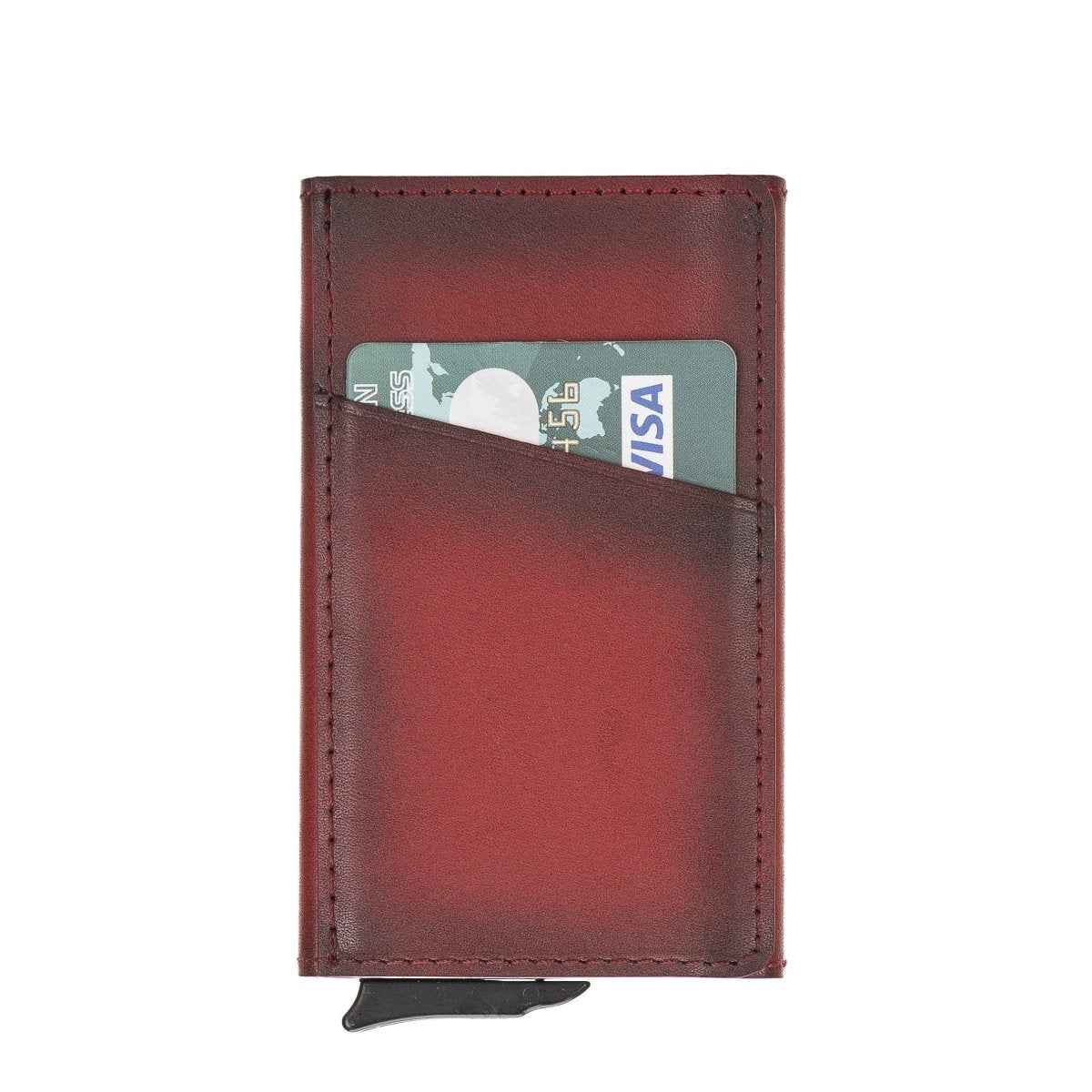 Bayelon Leather Mechanical Pop Up Card Holder With RFID Burnished Red