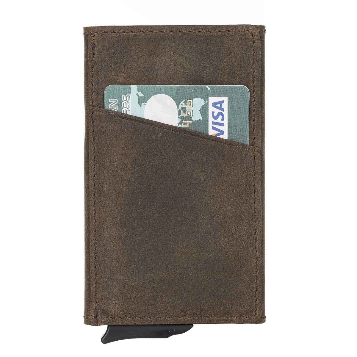 Bayelon Leather Mechanical Pop Up Card Holder With RFID Antique Brown
