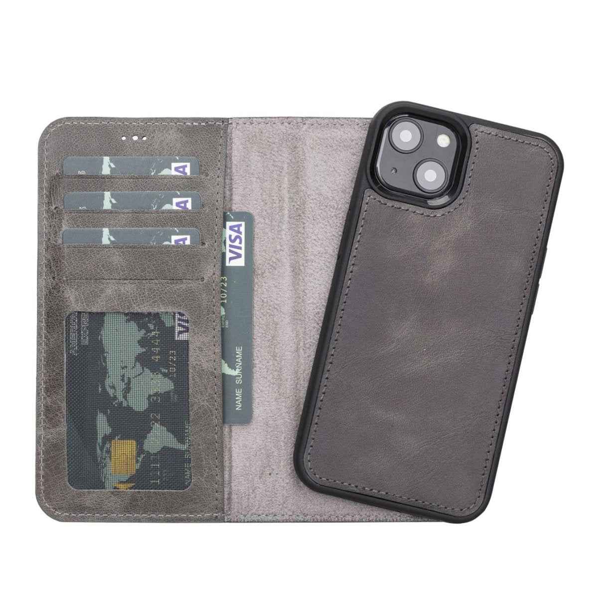 Bayelon Personalized iPhone 13 Leather Detachable Wallet Case with Kickstand Smoked Black