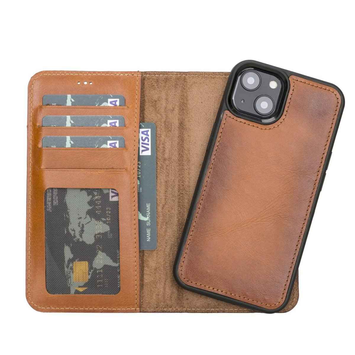 Bayelon Personalized iPhone 13 Leather Detachable Wallet Case with Kickstand Rustic Tan