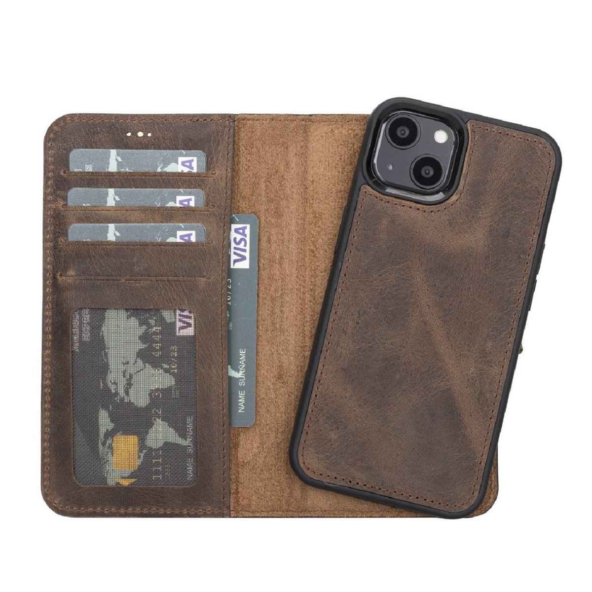 Bayelon Personalized iPhone 13 Leather Detachable Wallet Case with Kickstand Dark Brown