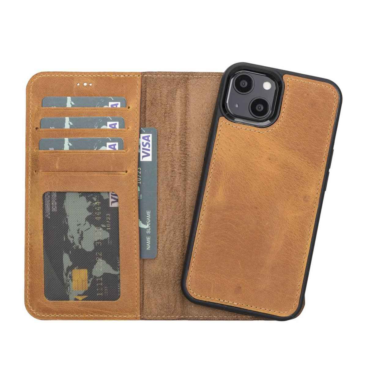 Bayelon Personalized iPhone 13 Leather Detachable Wallet Case with Kickstand Antique Camel