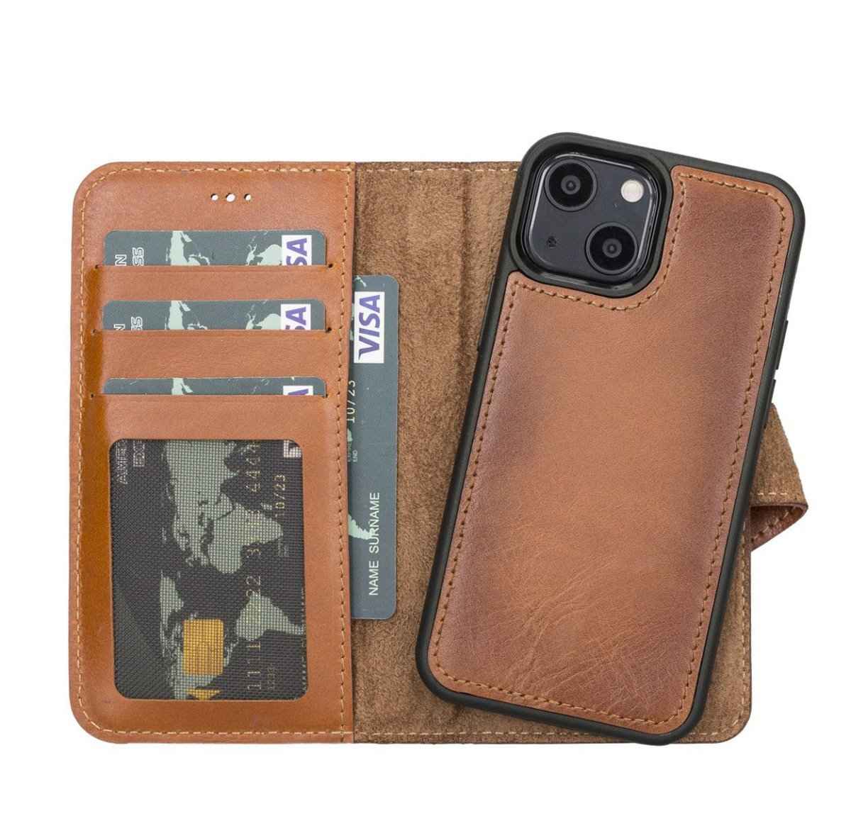 Bayelon Personalized iPhone 13 Mini Leather Detachable Wallet Case with Kickstand Rustic Tan
