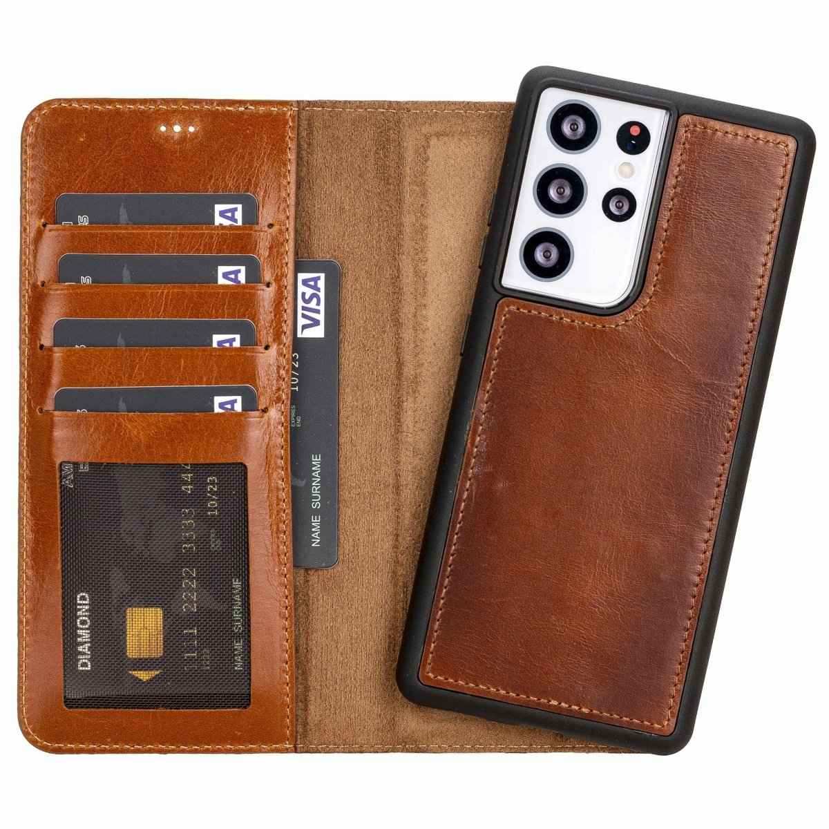 Bayelon Samsung Galaxy S21 Ultra Leather Detachable Wallet Case Rustic Tan