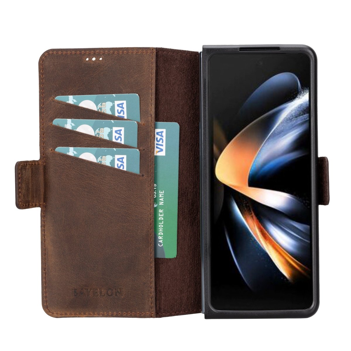 Bayelon Samsung Galaxy Z Fold 4 Leather Wallet Case Antique Camel